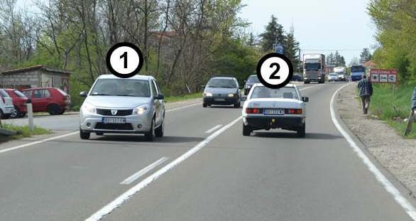 У ситуацији приказаној на слици пролажење возила бр. 1 поред возила бр. 2 које се креће из супротног смера је:
